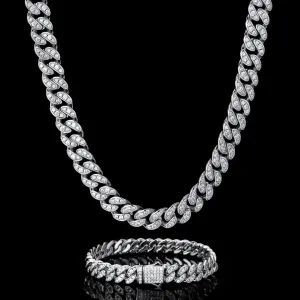 KRKC 8mm Iced Out Mens Cuban Link Chain and Bracelet Set in White Gold