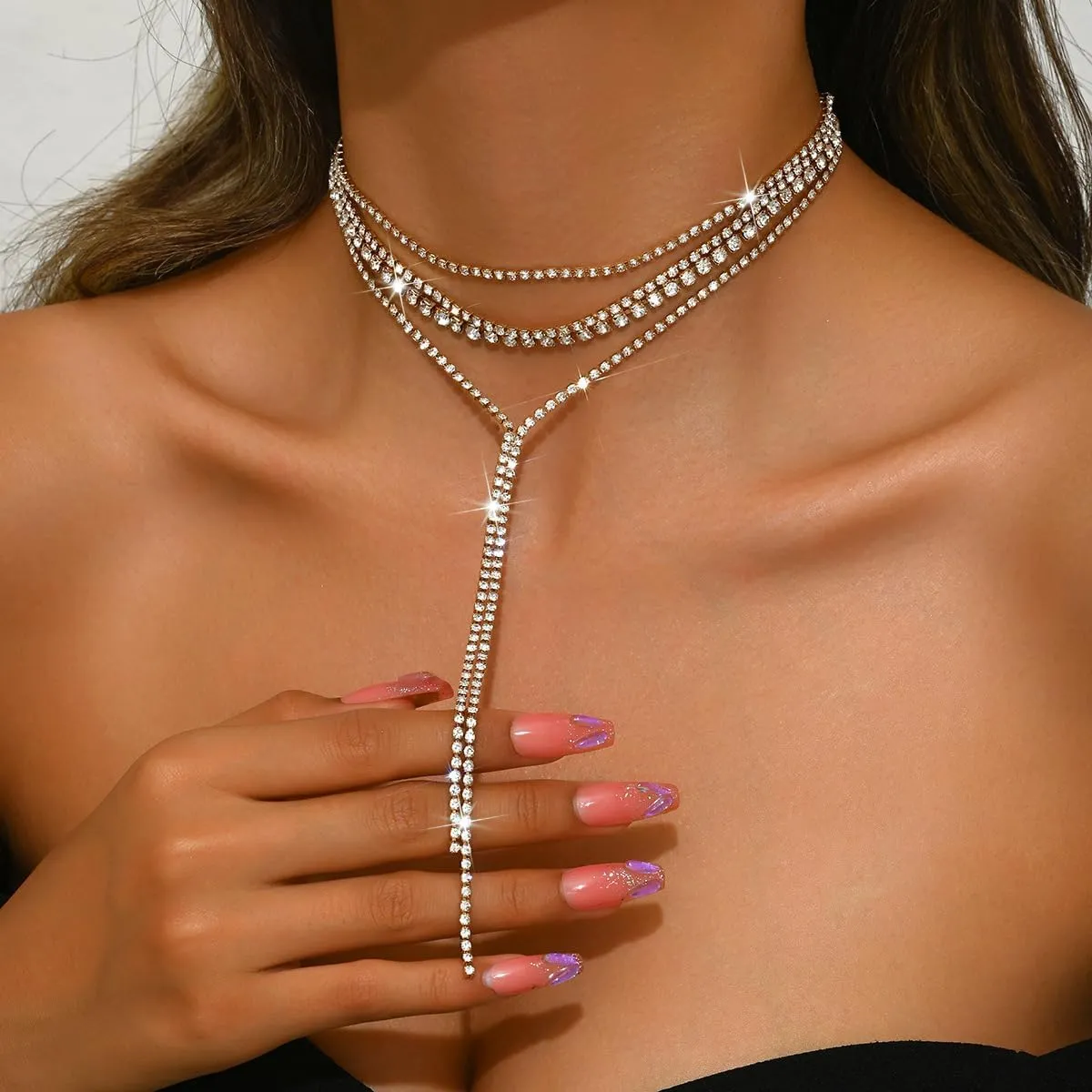 Layered Sexy Choker Necklace Rhinestone Statement Necklace Multilayered Y Long Rhinestones Choker Necklaces Long Layered Necklaces for Women