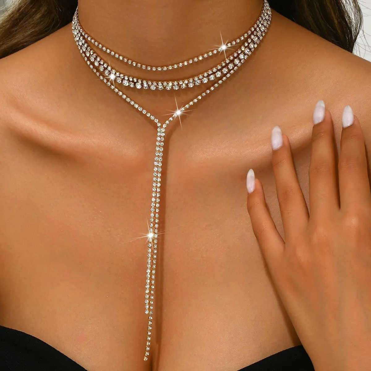 Layered Sexy Choker Necklace Rhinestone Statement Necklace Multilayered Y Long Rhinestones Choker Necklaces Long Layered Necklaces for Women