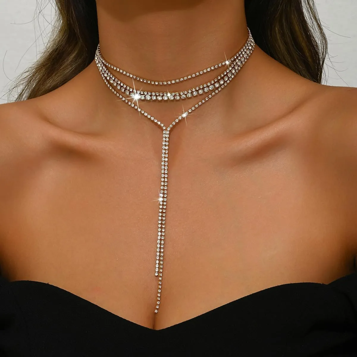 Layered Sexy Choker Necklace Rhinestone Statement Necklace Multilayered Y Long Rhinestones Choker Necklaces Long Layered Necklaces for Women