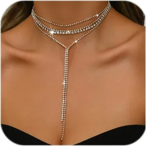 Layered Sexy Choker Necklace Rhinestone Statement Necklace Multilayered Y Long Rhinestones Choker Necklaces Long Layered Necklaces for Women
