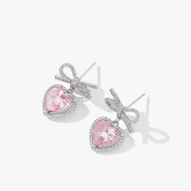 Pink Crystal Bow Heart Earrings