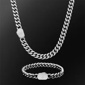 Push Button Clasp | 8mm Miami Cuban Link Chain and Bracelet Set in White Gold KRKC