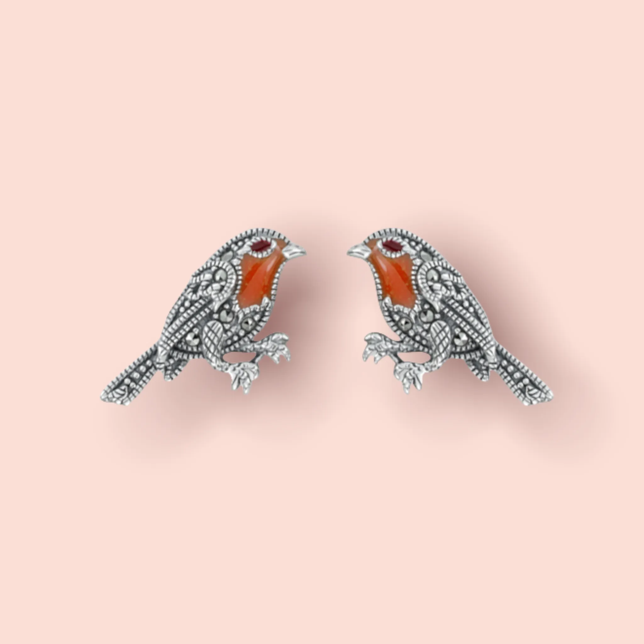 Robin earrings silver Marcasite enamel