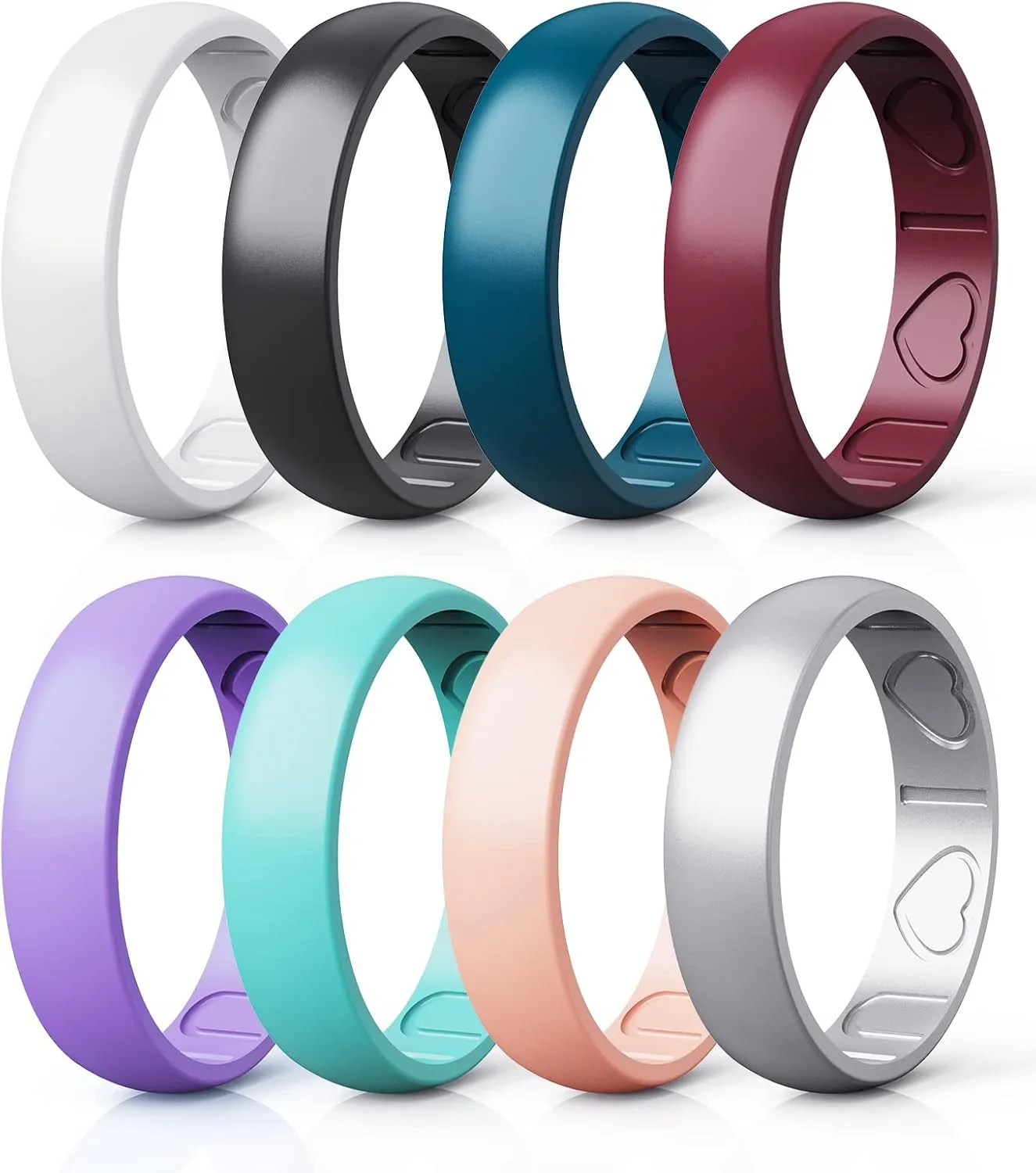 Silicone Rings for Women - Heart [I Love U] Pattern Airflow Inner Grooves Breathable Rubber Wedding Ring Silicone Wedding Bands for Women - 8 Rings / 4 Rings