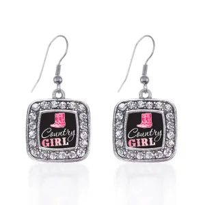 Silver Country Girl Square Charm Dangle Earrings