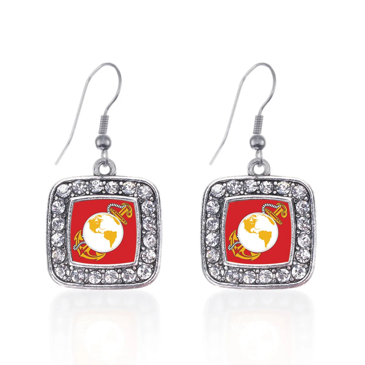 Silver Marine Symbol Square Charm Dangle Earrings