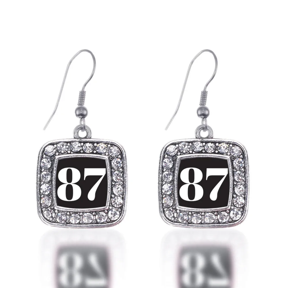 Silver Sport Number 87 Square Charm Dangle Earrings