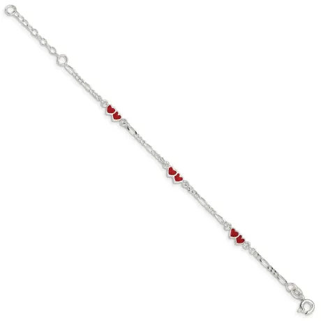 Sterling Silver Enameled Double Heart 5in Plus 1in ext Bracelet