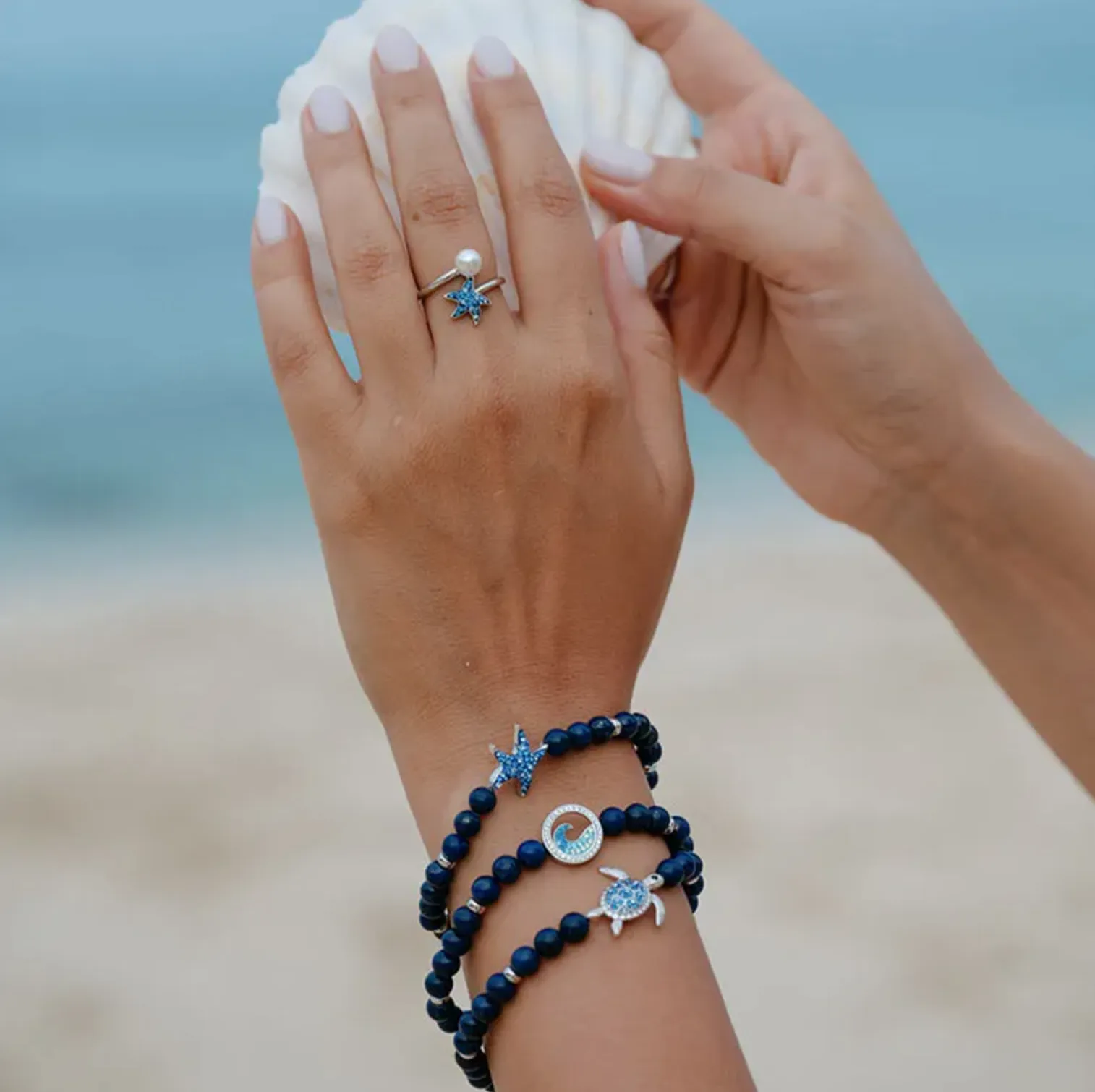 Sterling Silver Turtle Lapis Stretchy Bracelet