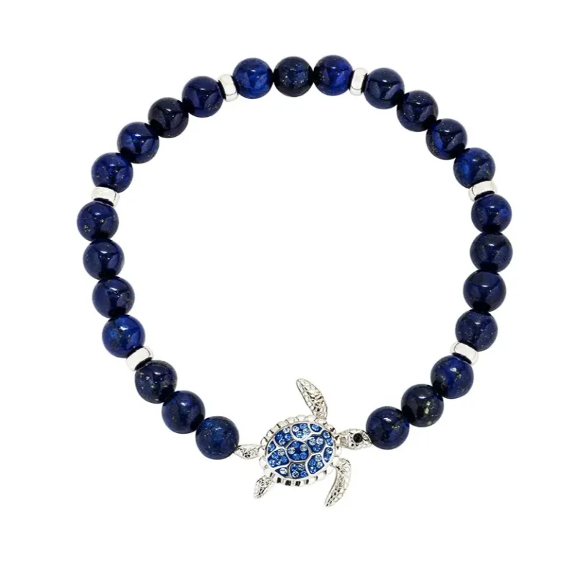 Sterling Silver Turtle Lapis Stretchy Bracelet