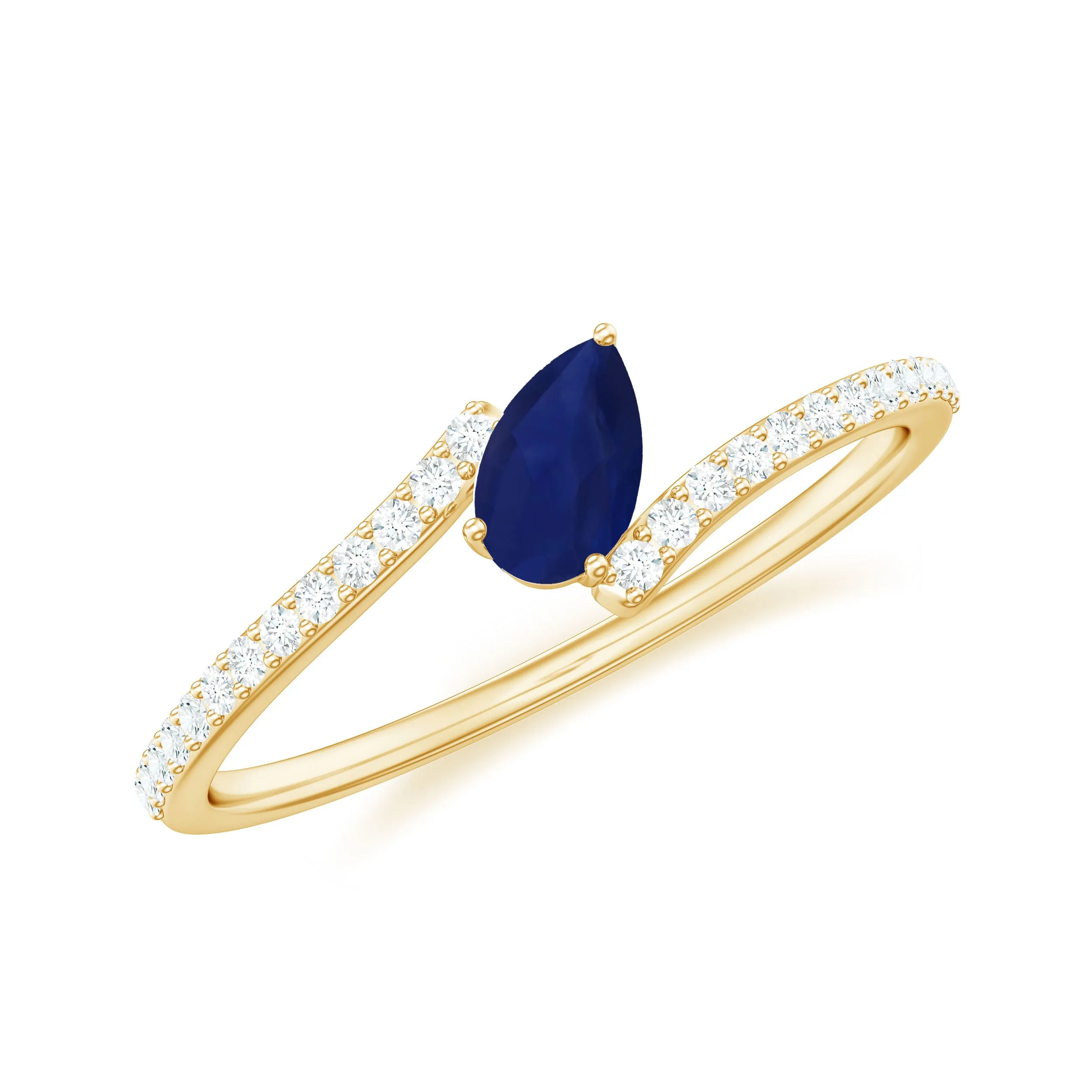 Tilted Pear Cut Blue Sapphire Solitaire Bypass Ring with Diamond