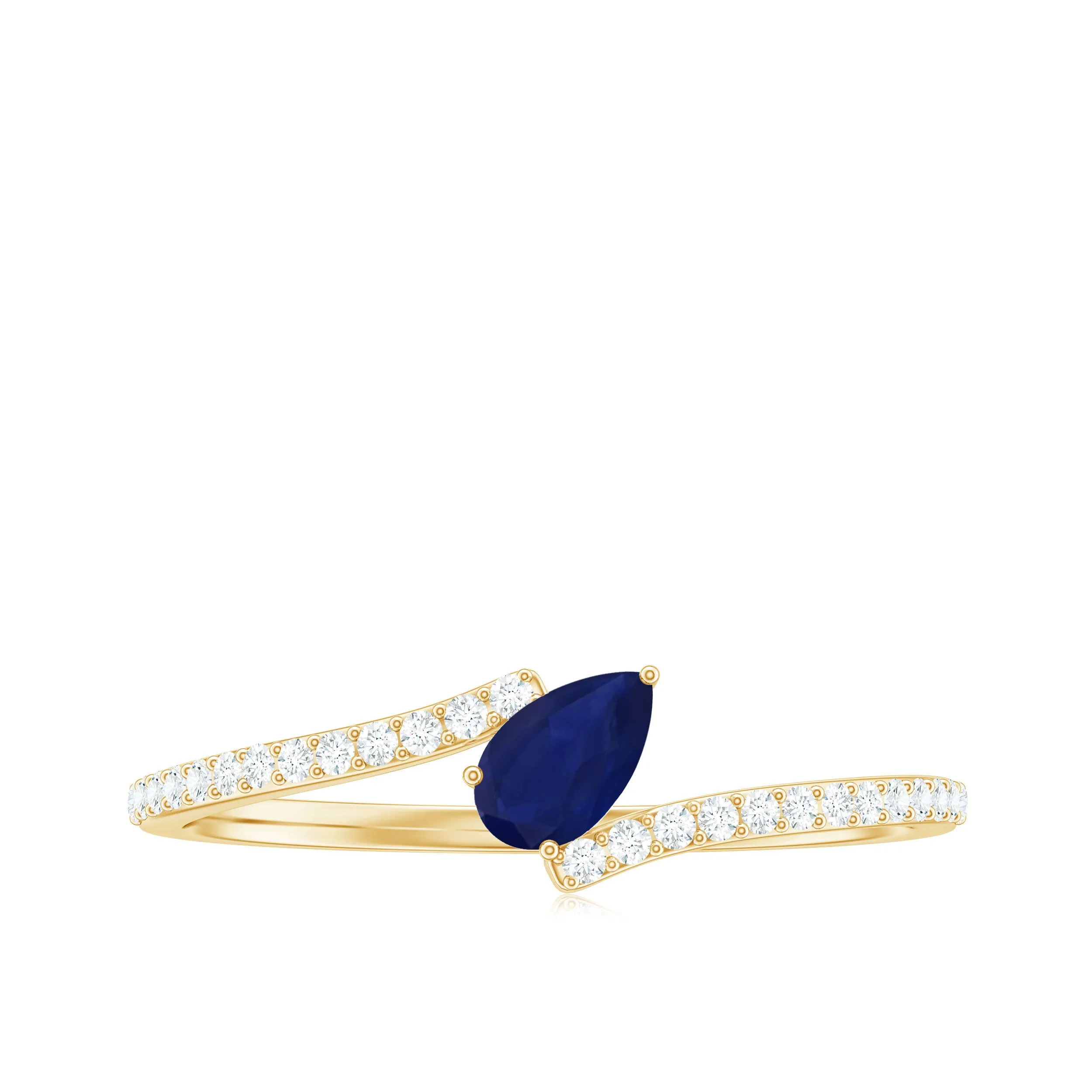 Tilted Pear Cut Blue Sapphire Solitaire Bypass Ring with Diamond