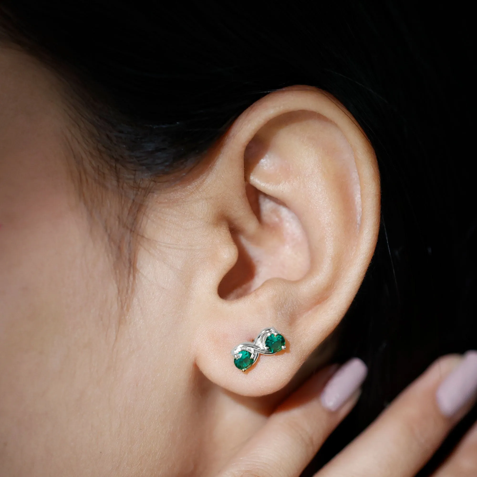 Two Stone Lab Grown Emerald Infinity Stud Earrings