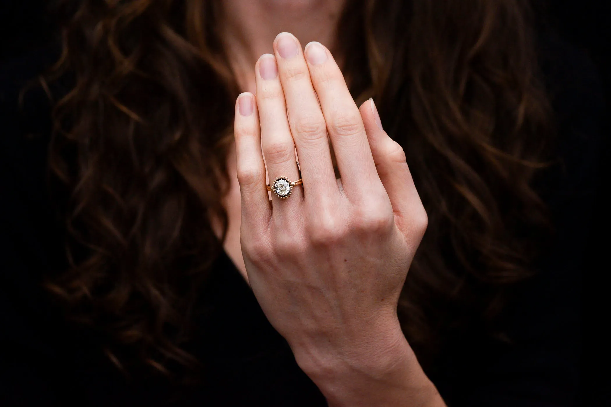 Unique Art Deco or Mid Century Gold Sunburst Ring with an Old Mine Cut Diamond Center