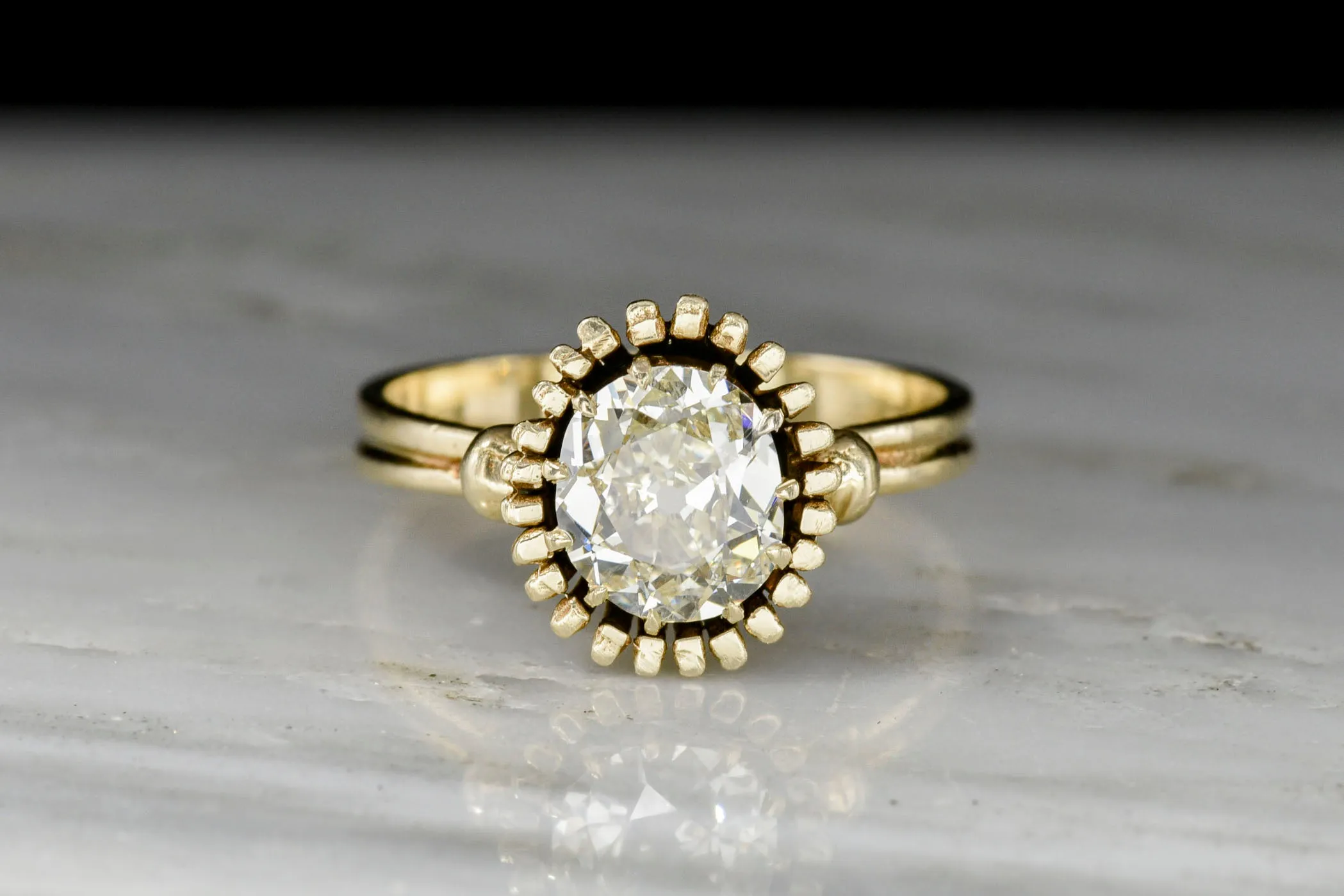 Unique Art Deco or Mid Century Gold Sunburst Ring with an Old Mine Cut Diamond Center