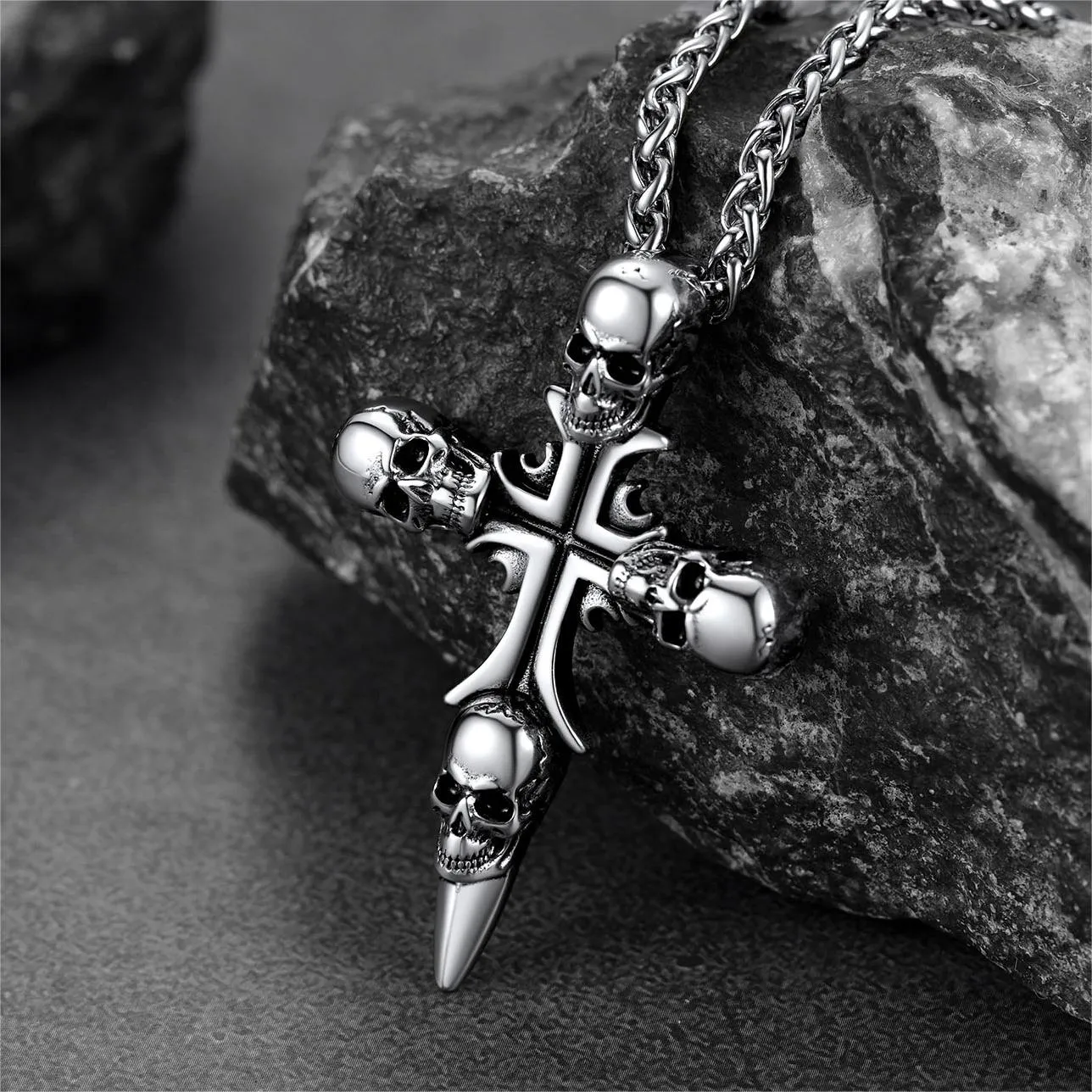 Vintage Skull Cross Necklace For Men Stainless Steel