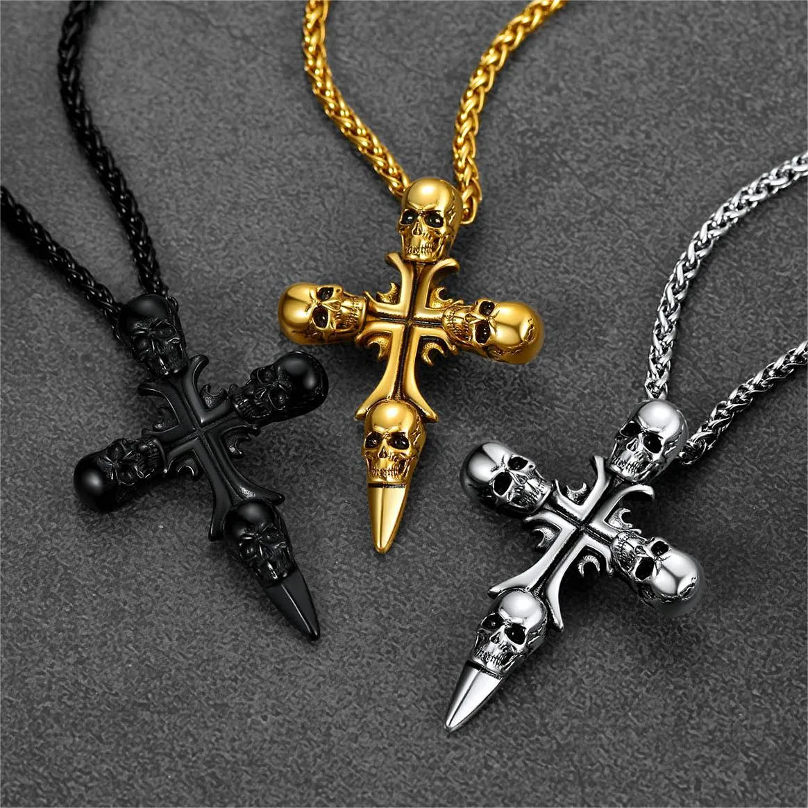 Vintage Skull Cross Necklace For Men Stainless Steel