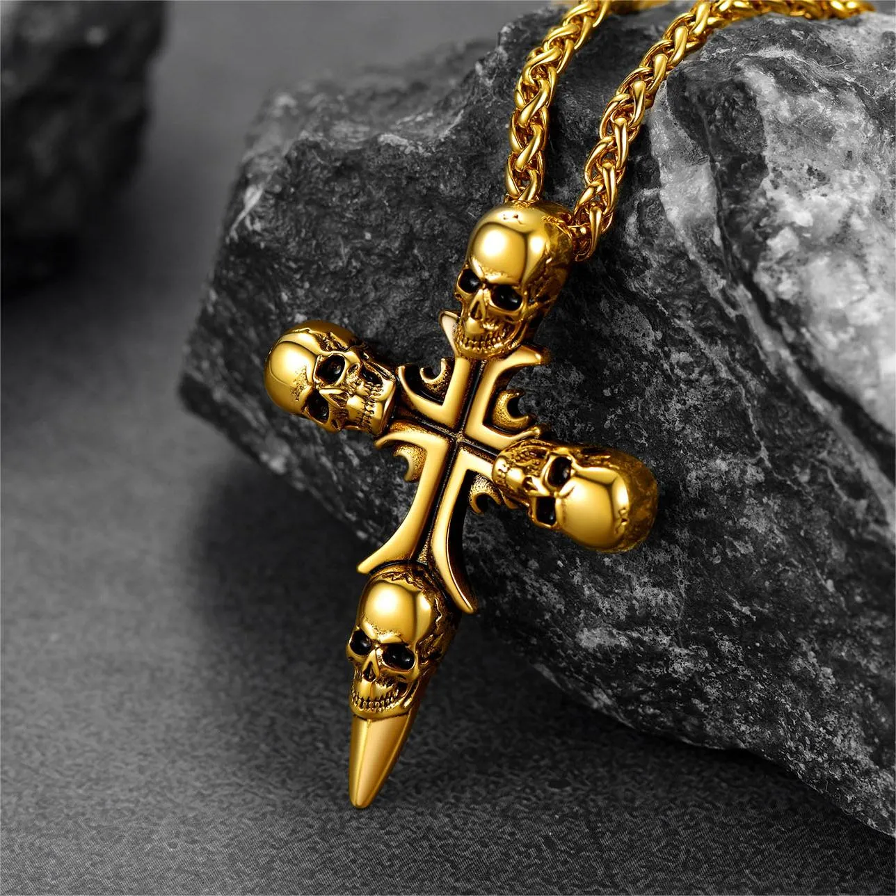 Vintage Skull Cross Necklace For Men Stainless Steel